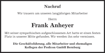 Traueranzeige von Frank Anheyer von Super Sonntag Bernburg