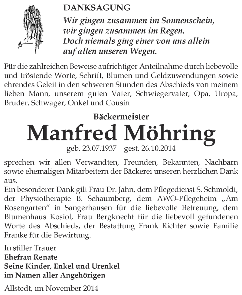  Traueranzeige für Manfred Möhring vom 16.11.2014 aus Super Sonntag SGH Mansf. Land