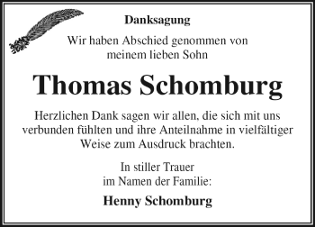 Traueranzeige von Thomas Schomburg von WVG - Wochenspiegel Dessau / Köthen