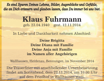Traueranzeige von Klaus Fuhrmann von Super Sonntag SGH Mansf. Land