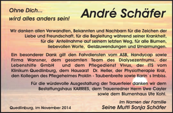 Traueranzeige von André Schäfer von WVG - Wochenspiegel Quedlinburg