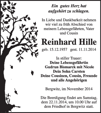 Traueranzeige von Reinhard Hille von WVG - Wochenspiegel Wittenberg