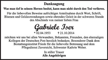 Traueranzeige von Gabriele Iser von Super Sonntag Dessau / Köthen