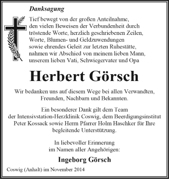 Traueranzeige von Herbert Görsch von WVG - Wochenspiegel Dessau / Köthen