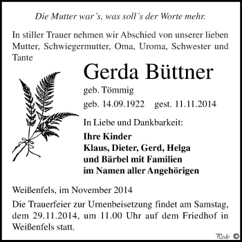 Traueranzeige von Gerda Büttner von WVG - Wochenspiegel NMB / WSF / ZTZ