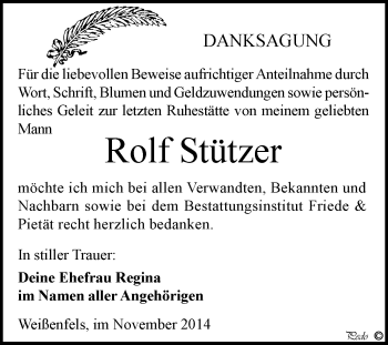 Traueranzeige von Rolf Stützer von WVG - Wochenspiegel NMB / WSF / ZTZ