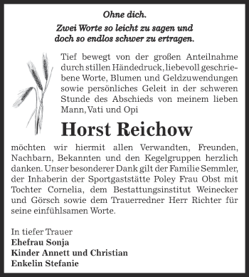 Traueranzeige von Horst Reichow von Super Sonntag Bernburg