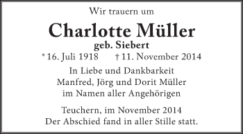 Traueranzeige von Charlotte Müller von WVG - Wochenspiegel NMB / WSF / ZTZ
