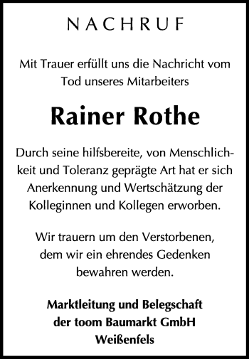 Traueranzeige von Rainer Rothe von WVG - Wochenspiegel NMB / WSF / ZTZ