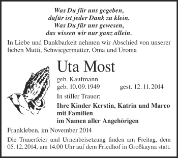 Traueranzeige von Uta Most von Super Sonntag Merseburg