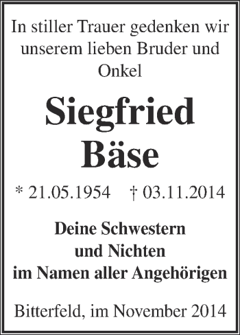 Traueranzeige von Siegfried Bäse von WVG - Wochenspiegel Bitterfeld