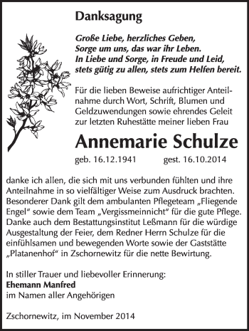 Traueranzeige von Annemarie Schulze von WVG - Wochenspiegel Wittenberg