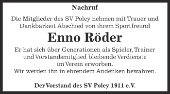 Traueranzeige von Enno Röder von Super Sonntag Bernburg