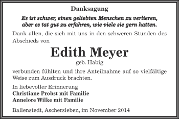 Traueranzeige von Edith Meyer von WVG - Wochenspiegel Aschersleben