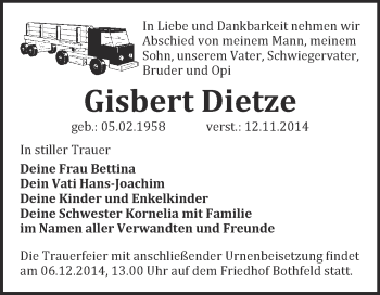 Traueranzeige von Gisbert Dietze von WVG - Wochenspiegel NMB / WSF / ZTZ