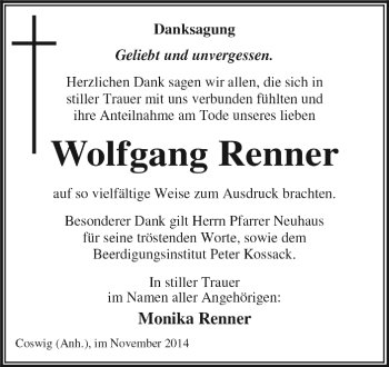 Traueranzeige von Wolfgang Renner von WVG - Wochenspiegel Dessau / Köthen