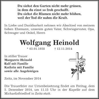 Traueranzeige von Wolfgang Heinold von Super Sonntag Zeitz