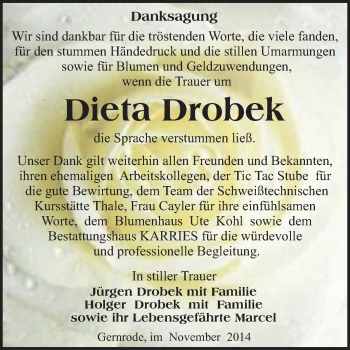 Traueranzeige von Dieta Drobek von WVG - Wochenspiegel Quedlinburg