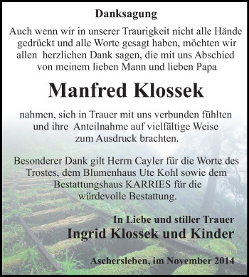 Traueranzeige von Manfred Klossek von WVG - Wochenspiegel Quedlinburg