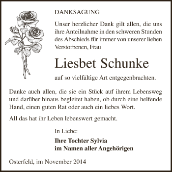 Traueranzeige von Liesbet Schunke von Super Sonntag Zeitz