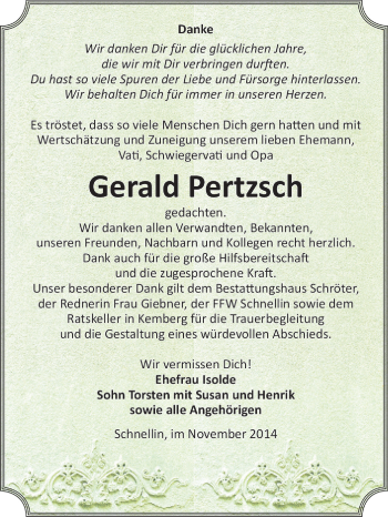 Traueranzeige von Gerald Pertzsch von Super Sonntag Wittenberg