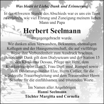 Traueranzeige von Herbert Seelmann von WVG - Wochenspiegel Dessau / Köthen