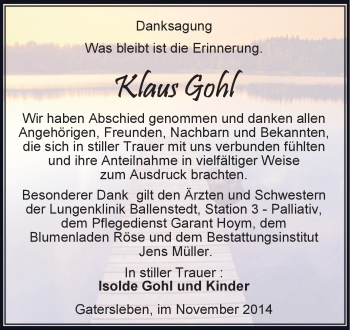 Traueranzeige von Klaus Gohl von WVG - Wochenspiegel Aschersleben