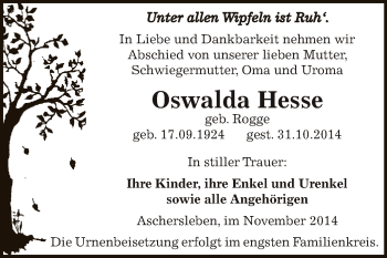 Traueranzeige von Oswalda Hesse von WVG - Wochenspiegel Aschersleben