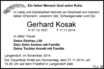 Traueranzeige von Gerhard Kosak von WVG - Wochenspiegel NMB / WSF / ZTZ