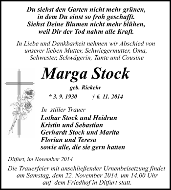 Traueranzeige von Marga Stock von WVG - Wochenspiegel Quedlinburg