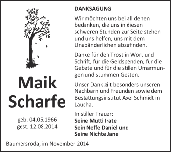 Traueranzeige von Maik Scharfe von WVG - Wochenspiegel NMB / WSF / ZTZ