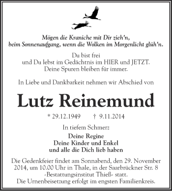 Traueranzeige von Lutz Reinemund von WVG - Wochenspiegel Quedlinburg