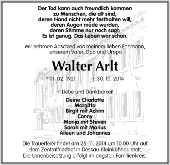 Traueranzeige von Walter Arlt von WVG - Wochenspiegel Dessau / Köthen