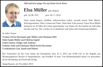 Traueranzeige von Elsa Müller von Super Sonntag SGH Mansf. Land