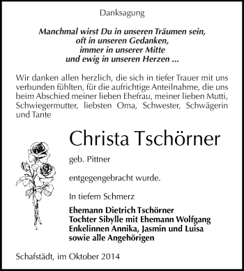 Traueranzeige von Christa Tschörner von WVG - Wochenspiegel Merseburg