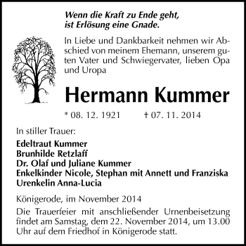 Traueranzeige von Hermann Kummer von WVG - Wochenspiegel Quedlinburg