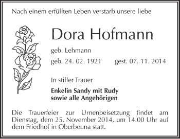 Traueranzeige von Dora Hofmann von WVG - Wochenspiegel Merseburg