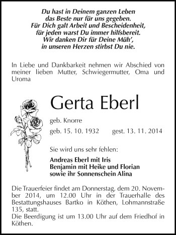 Traueranzeige von Gerta Eberl von WVG - Wochenspiegel Dessau / Köthen