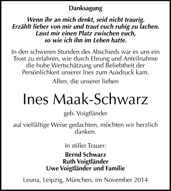 Traueranzeige von Ines Maak-Schwarz von WVG - Wochenspiegel Merseburg