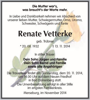 Traueranzeige von Renate Vetterke von WVG - Wochenspiegel Merseburg