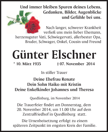 Traueranzeige von Günter Elschner von WVG - Wochenspiegel Quedlinburg