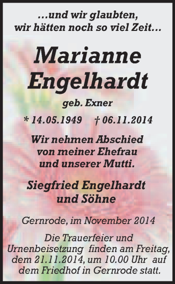 Traueranzeige von Marianne Engelhardt von WVG - Wochenspiegel Quedlinburg