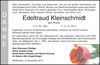 Traueranzeige von Edeltraud Kleinschmidt von WVG - Wochenspiegel NMB / WSF / ZTZ