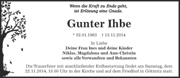 Traueranzeige von Gunter Ihbe von WVG - Wochenspiegel Bitterfeld