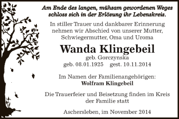 Traueranzeige von Wanda Klingebeil von WVG - Wochenspiegel Aschersleben