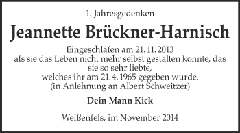 Traueranzeige von Jeannette Brückner-Harnisch von WVG - Wochenspiegel NMB / WSF / ZTZ