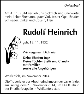 Traueranzeige von Rudolf Heinrich von WVG - Wochenspiegel NMB / WSF / ZTZ