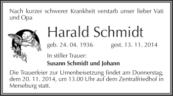 Traueranzeige von Harald Schmidt von WVG - Wochenspiegel Merseburg