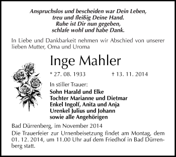Traueranzeige von Inge Mahler von WVG - Wochenspiegel Merseburg