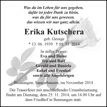 Traueranzeige von Erika Kutschera von WVG - Wochenspiegel SGH